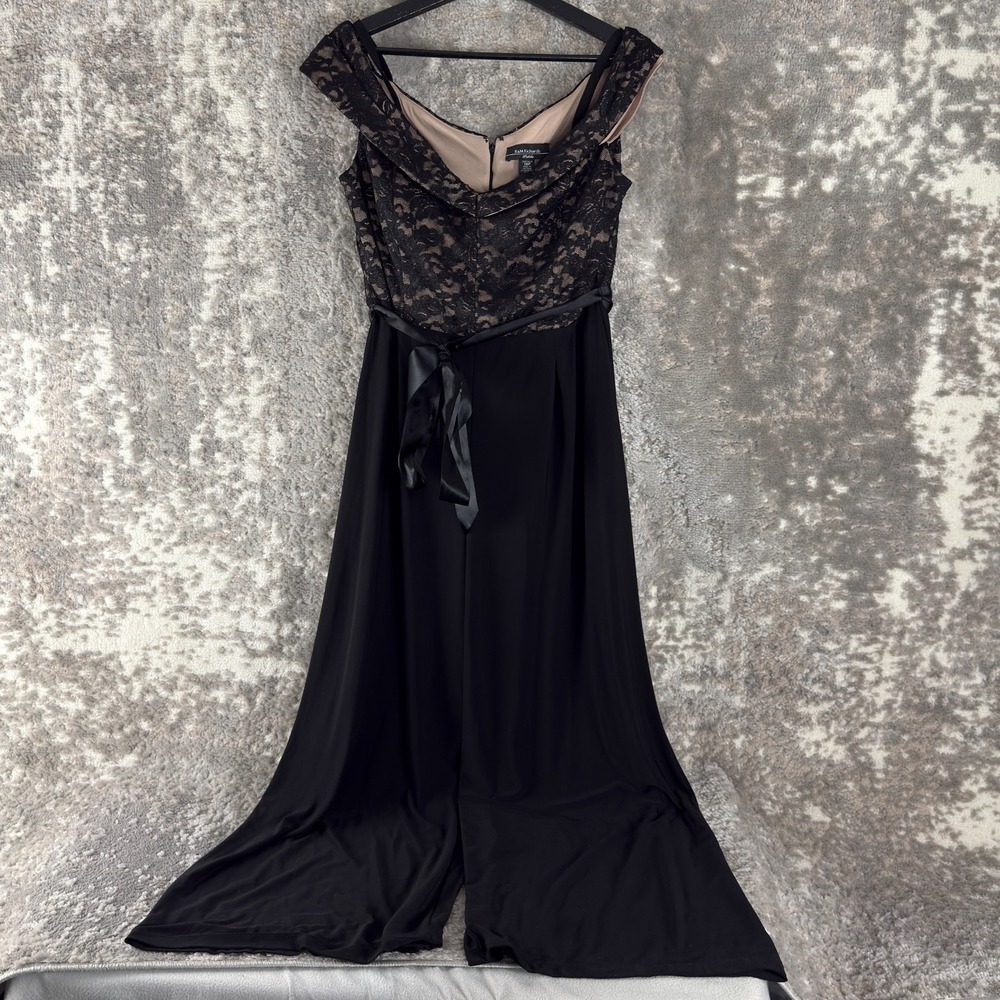 R&M Richards Petite Size 14P Floral Lace Jumpsuit Black Zip Lined Stretch